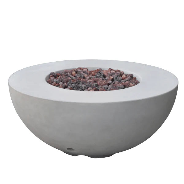 light grey round fire pit table with lava rocks in pit on a white background