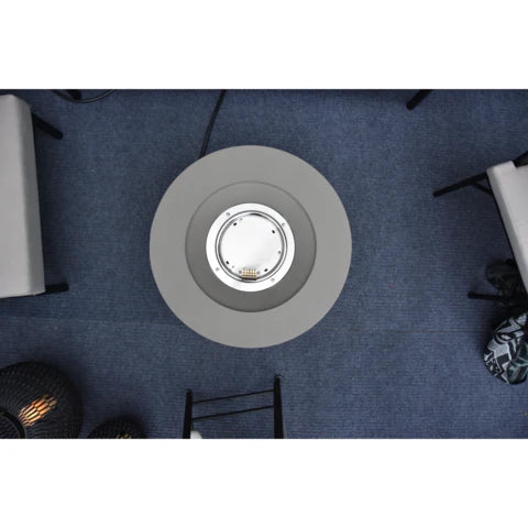 light grey round fire pit table with metal stainless steel ring burner top view