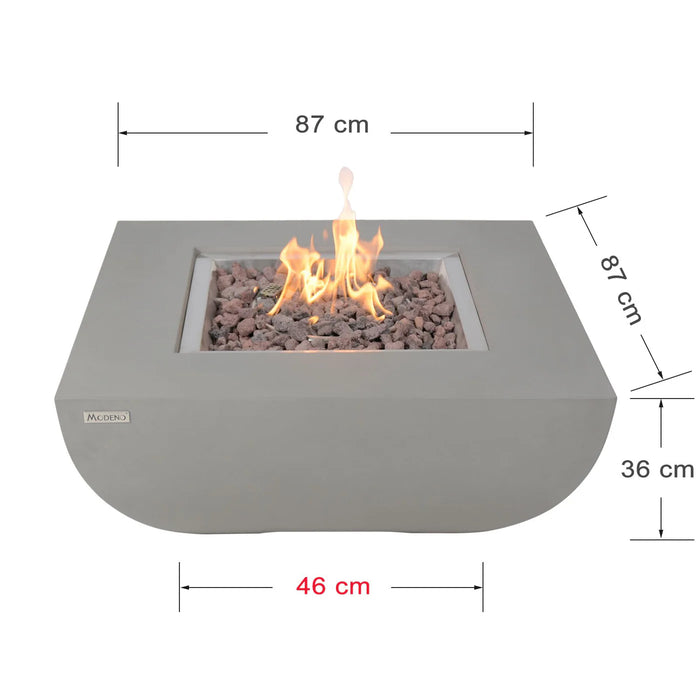 light grey square fire pit table with measurements on a white background