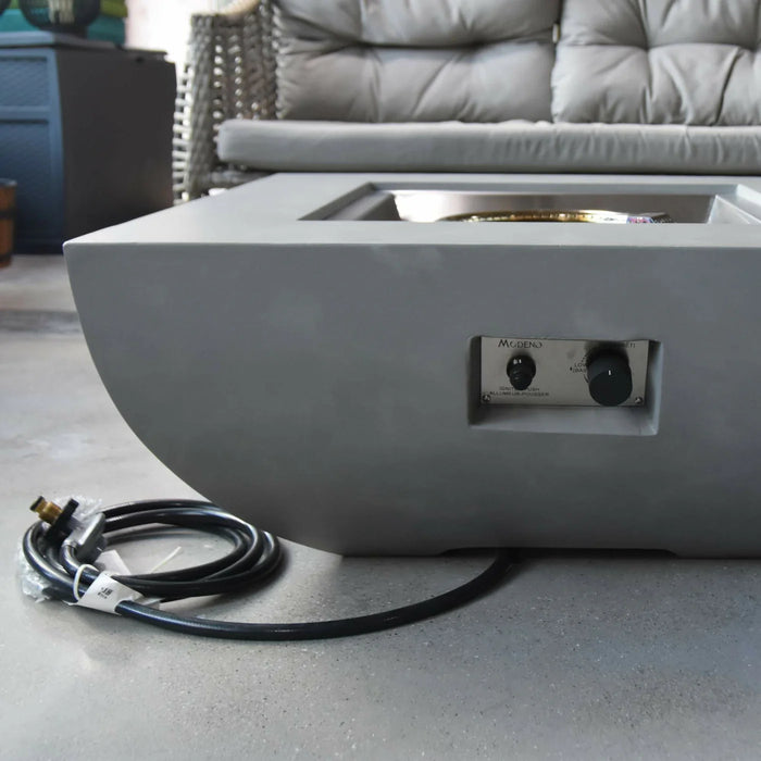 light grey square fire pit table with start stop ignition and hose close up view