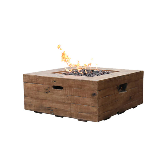 modeno wilton redwood square fire pit table OFG148 fire pit is burning on lava rocks on a black background