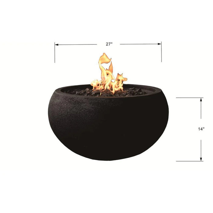 round fire pit with lava rocks burning and measurement breakdown of fire pit on a white background