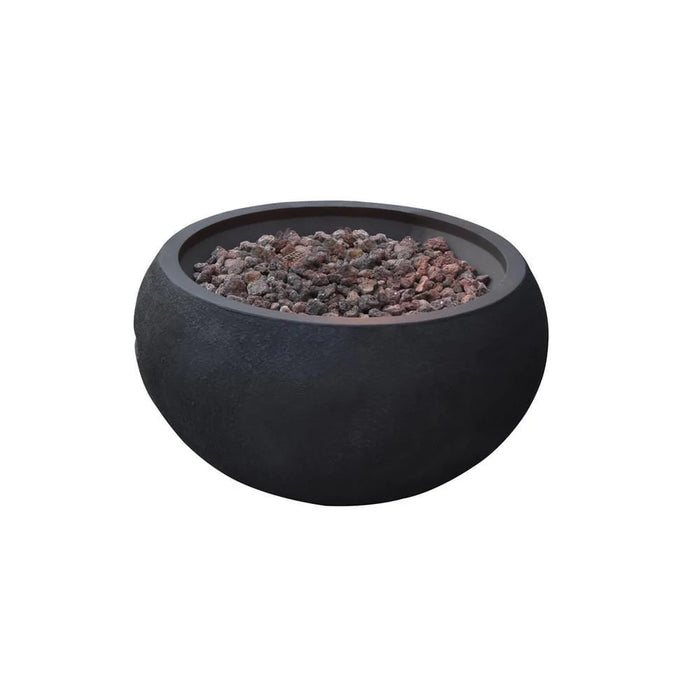 small black round fire pit with lava rocks liad out on fire pit on a white background