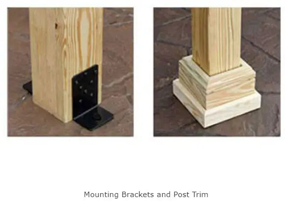  Two images showing different methods of securing a wooden post to a concrete base. The left image shows a metal U-shaped bracket attached to the post and anchored to the concrete. The right image shows a wooden post base with decorative trim attached to the post and resting on the concrete.