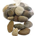 A white mesh bag filled with smooth, polished river stones in various shades of grey, tan, and brown. Several loose pebbles of similar colors are scattered below the bag on a white background.