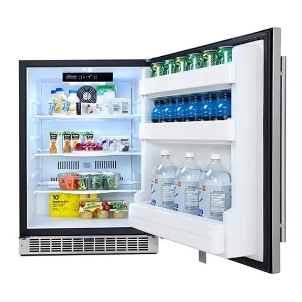 Stainless Steel Outdoor Refrigerator with Multiple Shelves and Door Storage