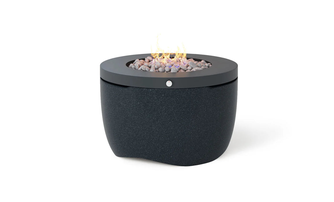 Outdoor propane fire pit with a black base and a round, flat top with a flame burning in the center, sitting on a white background.