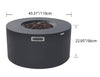 Image of a dark gray round fire pit table with lava rocks, showing its diameter as 43.31 inches (110 cm) and height as 22.05 inches (56 cm).