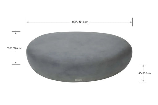 A diagram showing the dimensions of a light grey, oval-shaped coffee table. The length is indicated as 47.8 inches (121.3 cm), the width as 35.6 inches (90.4 cm), and the height as 14 inches (35.6 cm).
