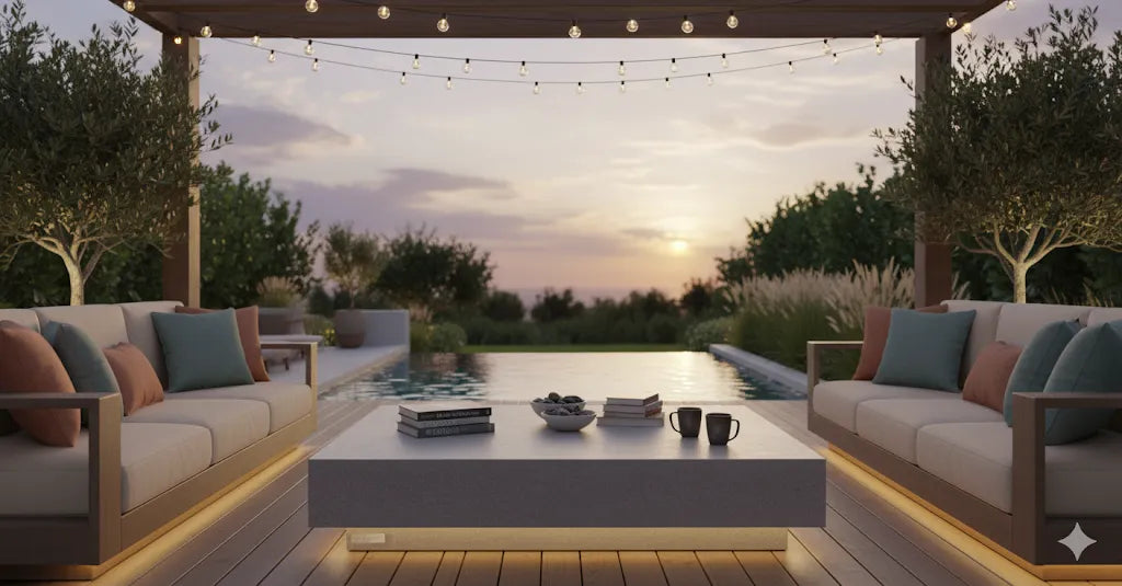 A luxurious outdoor patio at sunset, featuring a rectangular grey GFRC outdoor coffee table as the centerpiece. The table is surrounded by two modern light-colored sofas with rust and teal throw pillows, facing each other across the table. 