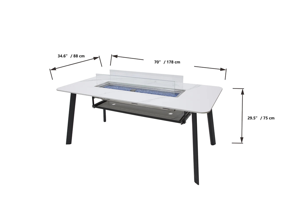  outdoor dining table with fire pit elementi OFP301BW oslo marble porcelain dining Table measurements on a white background