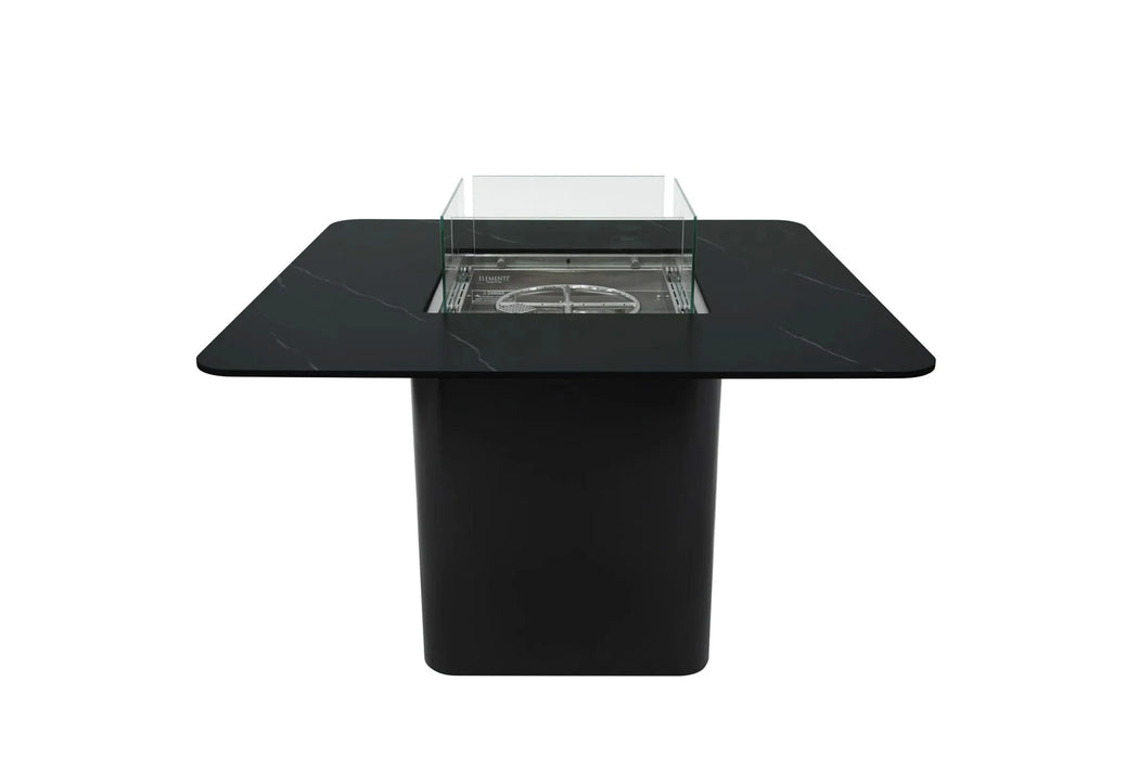 outdoor fire pit dining table with glass windscreen on a white background