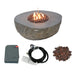 A round fire pit bowl with a flame, shown with a cover, gas hose, and lava rocks.