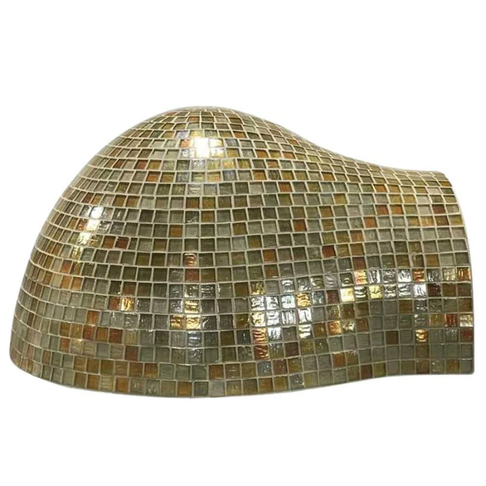 A close-up of a copper mosaic tiled dome, likely part of an igloo, on a white background. The mosaic tiles are small and square-shaped. I can't tell from this image what the tiles are made of, but common mosaic tile materials include glass, ceramic, and stone.