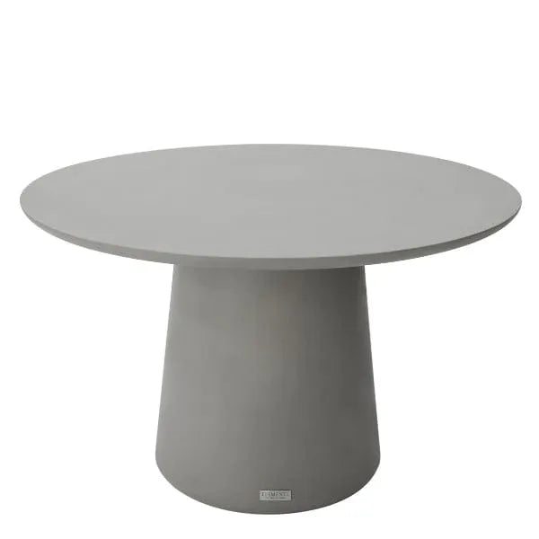  Elementi Home Rio 48" Round Outdoor Dining Table in grey. The table would be the central focus, displaying its round shape and the grey finish, possibly with a concrete-like texture as is common with Elementi Home's outdoor furniture.