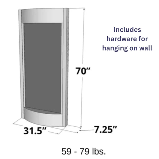 Measurement chart of a wall-mounted product with dimensions and weight information.