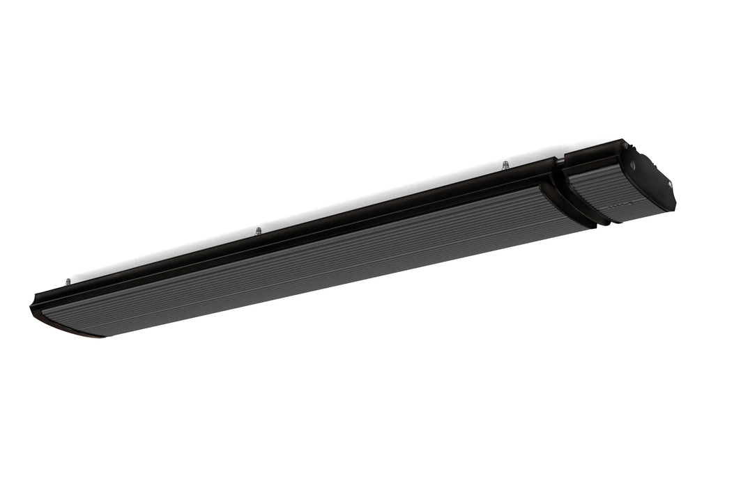 Black electric patio heater with three heating elements, mounted on brackets for wall or ceiling installation.