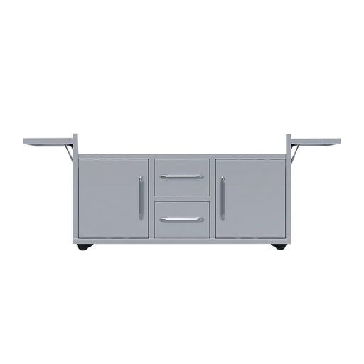 A stainless steel cart designed for outdoor cooking. It features two doors, two drawers, and two folding side shelves for additional workspace