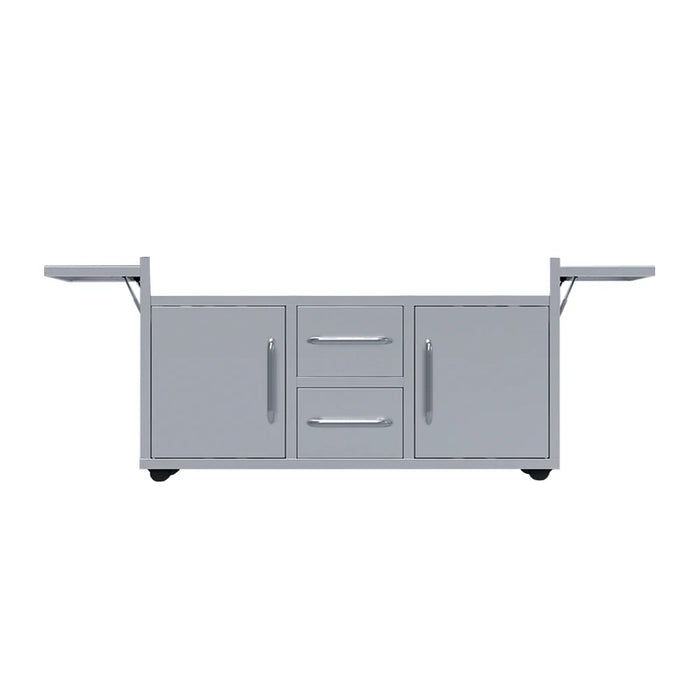 A stainless steel cart designed for outdoor cooking. It features two doors, two drawers, and two folding side shelves for additional workspace