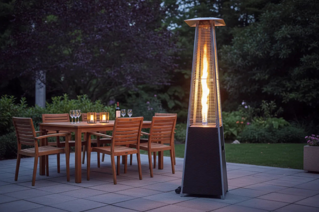 Outdoor patio heater next to a dining table with chairs on a patio at night.