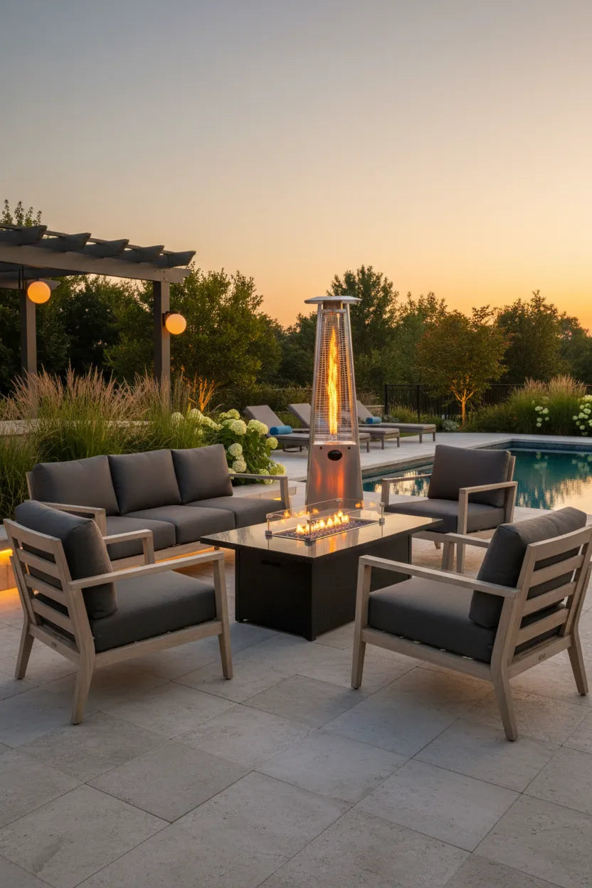 radtec pyramid heater in outdoor setting beside a pool and square fire pit table