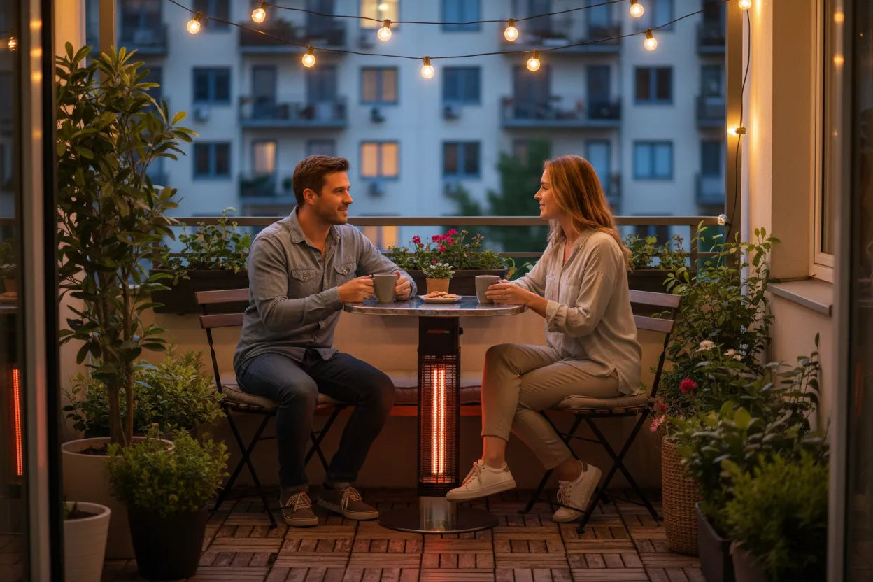 RADtec electric bistro table heater with stainless steel top in use on small apartment balcony with two people enjoying drinks at early evening