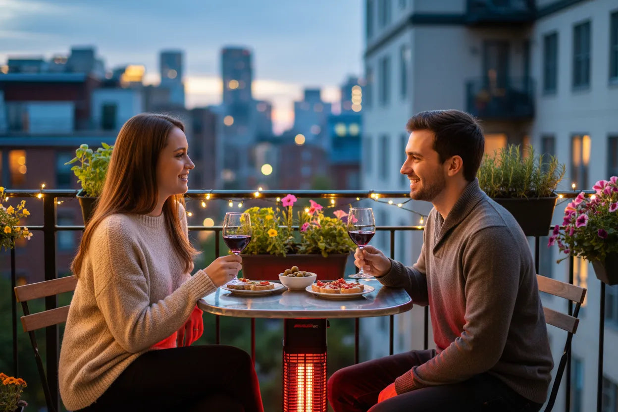 RADtec electric bistro table heater on urban apartment balcony at twilight with couple enjoying wine and appetizers on functional table surface