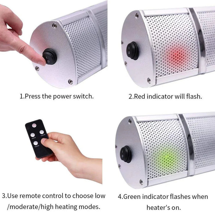 Easy-to-follow instructions for using your electric heater. The images demonstrate how to power on the heater, select the desired heat setting using the remote control, and identify the status indicators.