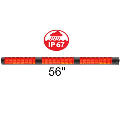 Red and black cylindrical electric heater with IP67 rating and length '56” on a white background