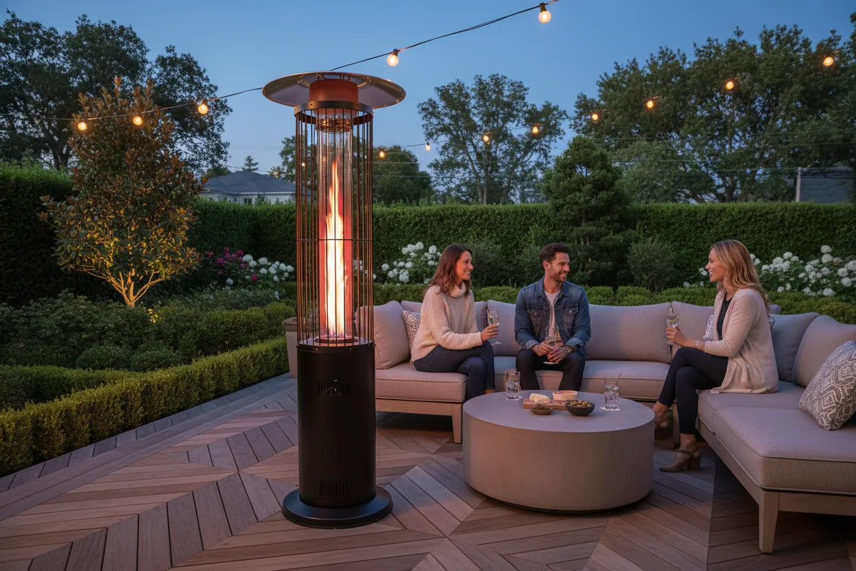 RADtec 80 inch ellipse flame propane patio heater with ruby red flame on upscale outdoor patio at dusk with people gathered around enjoying warmth
