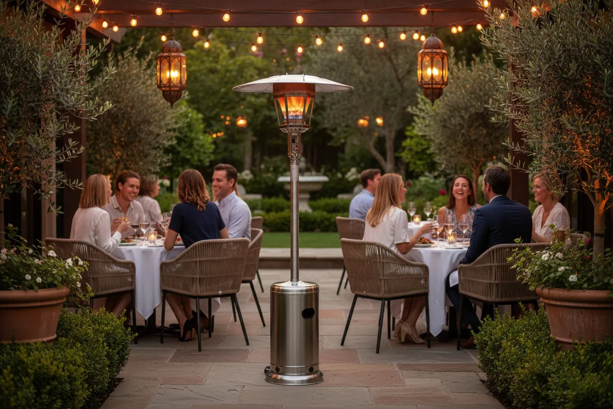 RADtec 96 inch Real Flame propane patio heater with stainless steel finish in upscale outdoor restaurant patio at dusk with diners gathered around tables and visible flame ambiance
