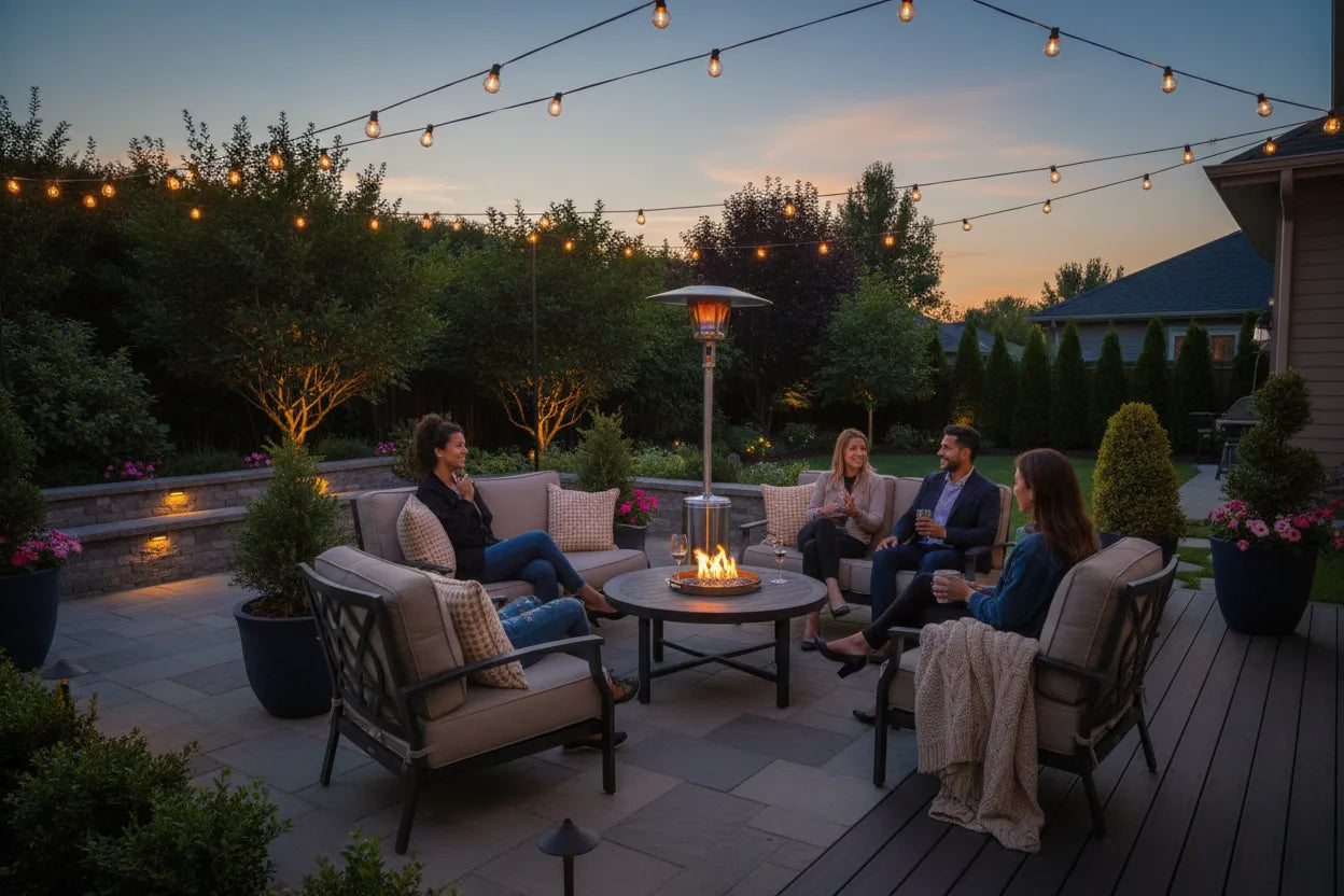 RADtec 96 inch Real Flame propane patio heater with glowing flame transforming residential backyard patio into year round outdoor living destination at dusk with people relaxing
