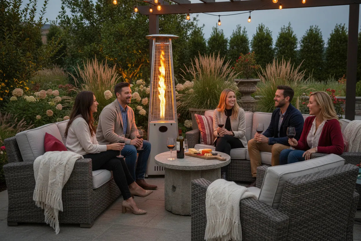 A twilight outdoor patio scene with people gathered around the RADtec 93" Pyramid Flame, enjoying conversation and warmth. The visible flame through the pyramid glass tube creates a stunning focal point while the group relaxes in comfortable outdoor furniture with wine glasses and cozy blankets.