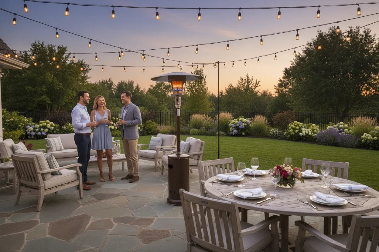 RADtec 96" Real Flame natural gas heater in backyard patio setting with outdoor dining and guests
