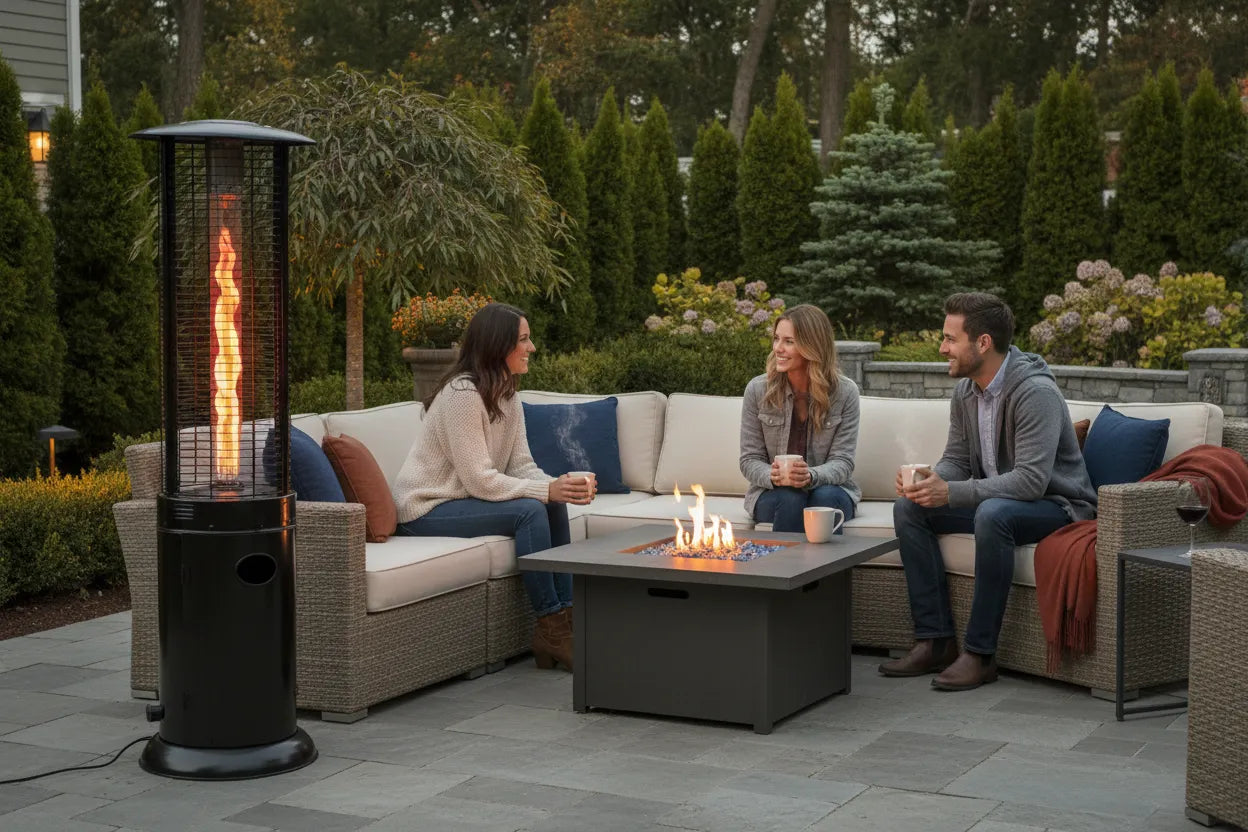 RADtec 80 inch ellipse flame propane patio heater with ruby red flame transforming outdoor patio into year round destination with people enjoying warmth in cool weather
