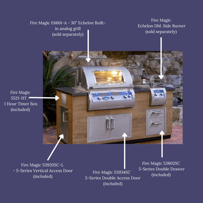 A cutaway illustration of a Fire Magic Reclaimed Wood Kitchen Island. The island showcases various components, including a built-in grill, side burner, double access doors, a vertical access door, a double drawer, and a timer box. The image highlights the compatibility of these components with the island.