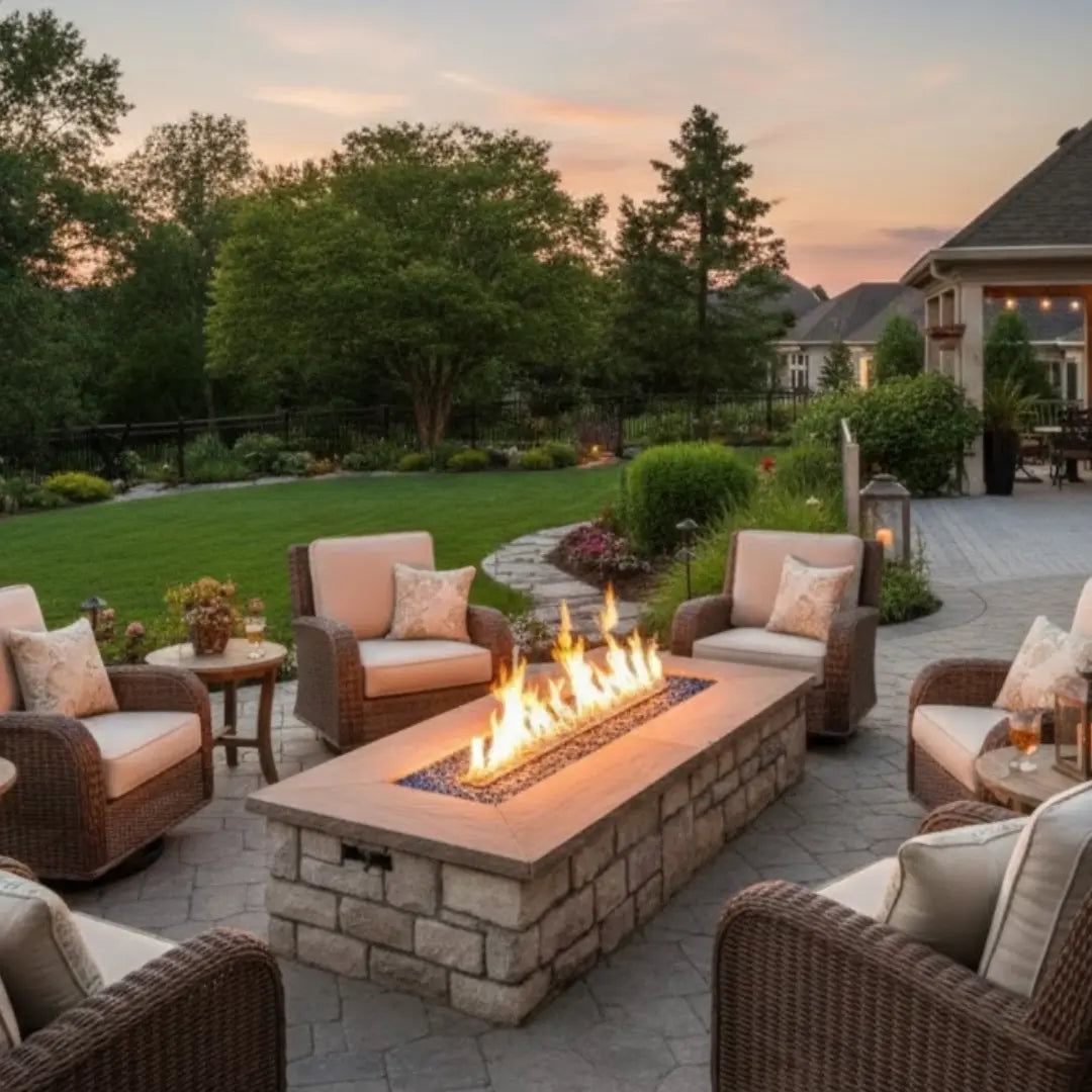 Outdoor patio with rectangular  fire pit enclosure and chairs during sunset