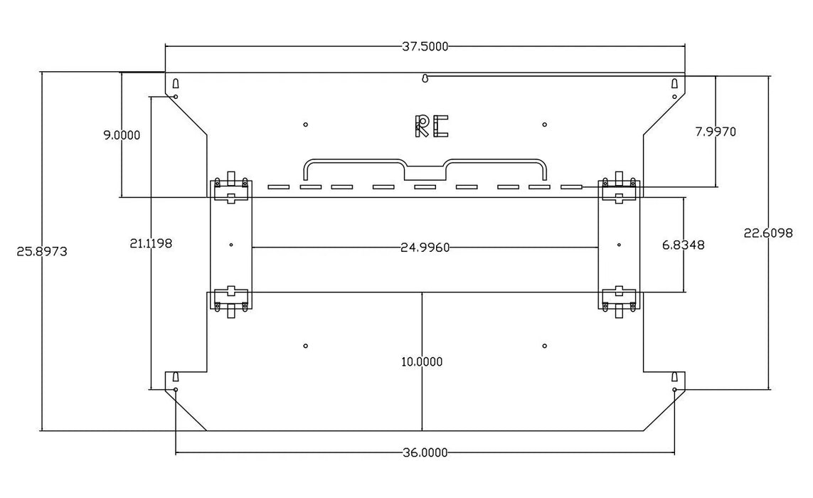 
A top-down technical drawing or blueprint for a "RC" (likely "Reflection Creek") wall fountain's mounting plate or internal component. The diagram is filled with precise dimensions in inches, detailing various lengths, widths, and placements for screw holes and internal fixtures. The overall shape is a rectangular outline with trapezoidal cutouts on the sides, indicating a structure designed for wall mounting.