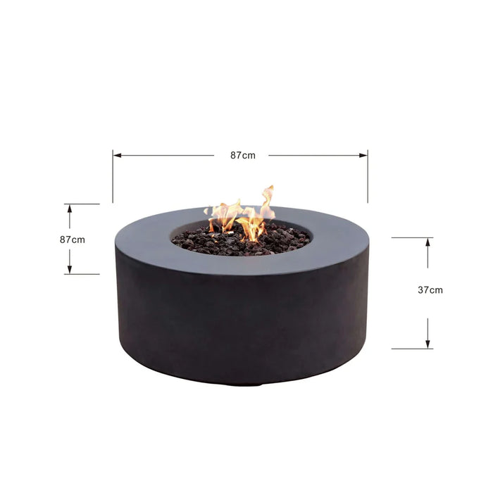 round fire pit table is lit on lava rocks and dimension breakdown on a white background