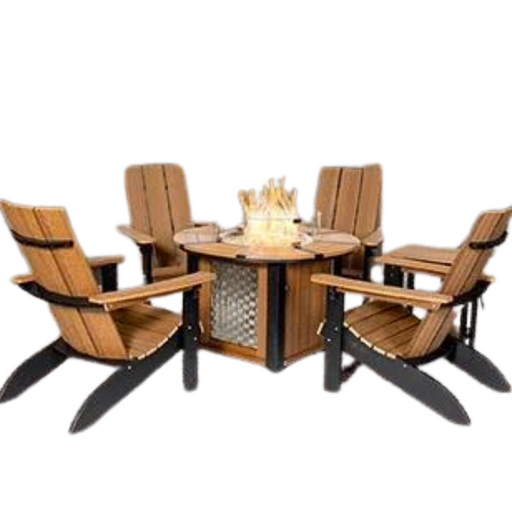 A round fire pit table with four Adirondack chairs. The fire pit table has a metal grate with flames rising from the center. The chairs are made of the same material as the table, with a slatted design and curved armrests. The overall color scheme is a warm brown.