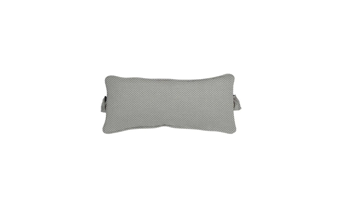 Rectangular outdoor headrest pillow in a light gray shade, featuring a small, repeating geometric pattern in slightly darker gray and white. The pillow has gathered fabric detailing on the sides and is isolated on a white background.