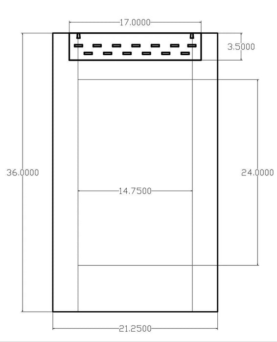 Technical drawing of a rectangular wall mounted water feature with dimensions