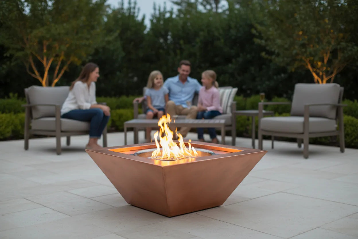 Sierra square copper fire bowl with family gathering around flames on backyard patio at dusk