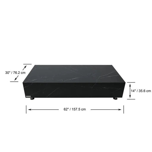 A diagram of the Elementi Home Sofia 62" rectangular marble porcelain coffee table, measuring 62 inches (157.5 cm) in length, 30 inches (76.2 cm) in width, and 14 inches (35.6 cm) in height.