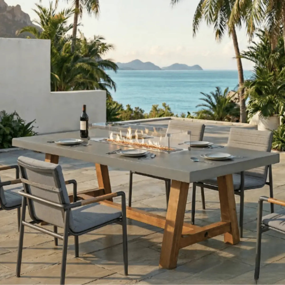 Elementi Sonoma Outdoor Dining Table with Fire Pit in Middle configured with outdoor seating
