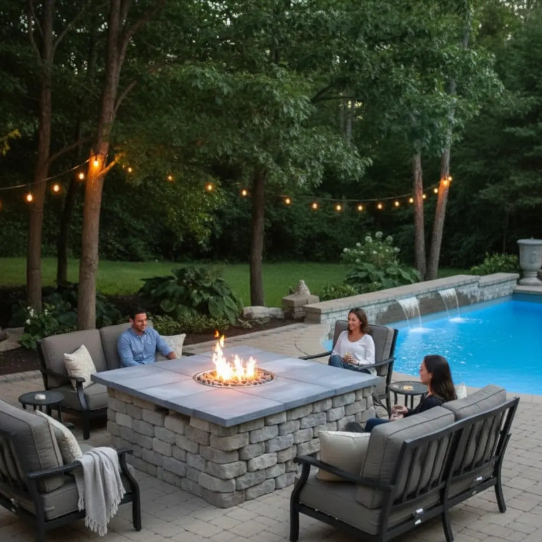People gathered around a square fire pit enclosure by a pool at night with string lights.