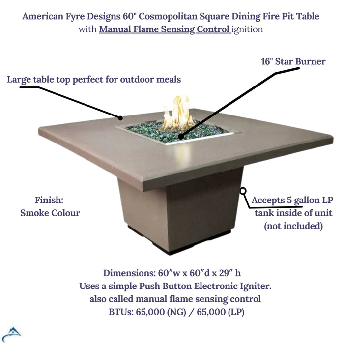 A photo of the American Fyre Designs 60" Cosmopolitan Square Dining Fire Pit Table with labels highlighting key features such as the 16" star burner, manual flame sensing control, dimensions, and fuel type.