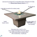 A photo of the American Fyre Designs 60" Cosmopolitan Square Dining Fire Pit Table with labels highlighting key features such as the 16" star burner, manual flame sensing control, dimensions, and fuel type.