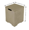 Beige square propane tank cover with removable lid, showing dimensions of 15.9"/40.3cm on the sides and 20"/51cm in height.