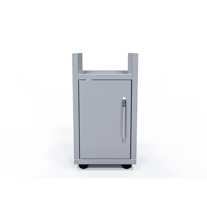 An image of a stainless steel outdoor kitchen cart. The cart features a closed cabinet with a door for storage and four wheels for easy mobility. The cart is designed to support a grill, likely a built-in or portable model.